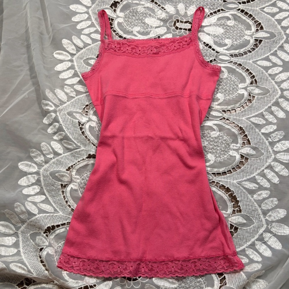 Y2K Babydoll Pink Ribbed Lace Trim Camisole Top Women XXS